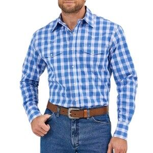 Wrangler Mens Wrinkle Resist LS Western Pearl Snap Shirt Blue Cowboy Size XL New